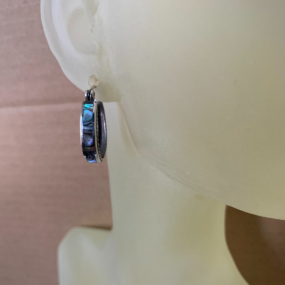 NEW Silver & Inlaid Abalone Shell Hoop Earrings - Picture 4 of 7